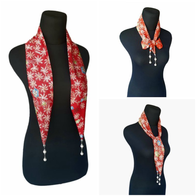 ART Q14F Syal Batik Merah Semi Sutra Multifungsi  Dasi Dress Batik Keris  Scarf Seragam Profesi  Sya