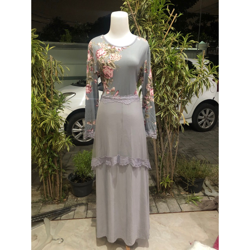 gamis pesta lenajwa abu kombinasi spandex tile renda