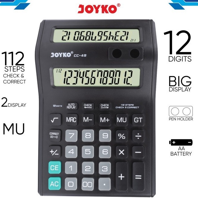 

Kalkulator JOYKO CC 49 Calculator 2 Display Layar Check Correct CC49 12 Digit ART X3K2