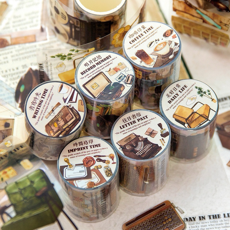 

(7F) washi tape selotip transparan kopi coffee perabot vintage retro journaling bujo