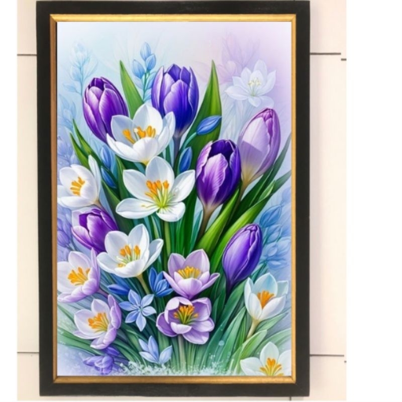 Hiasan dinding lukisan cetak Bunga tulip ungu plus bingkai uk 45x65cm