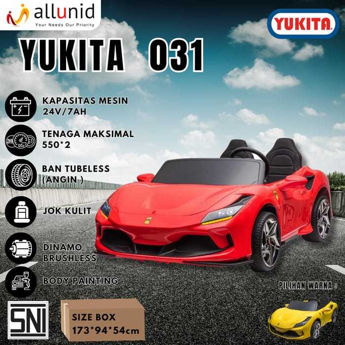 Mobil Aki Anak Yukita 031 Ferrari  24 Volt Ban Karet Jok Kulit