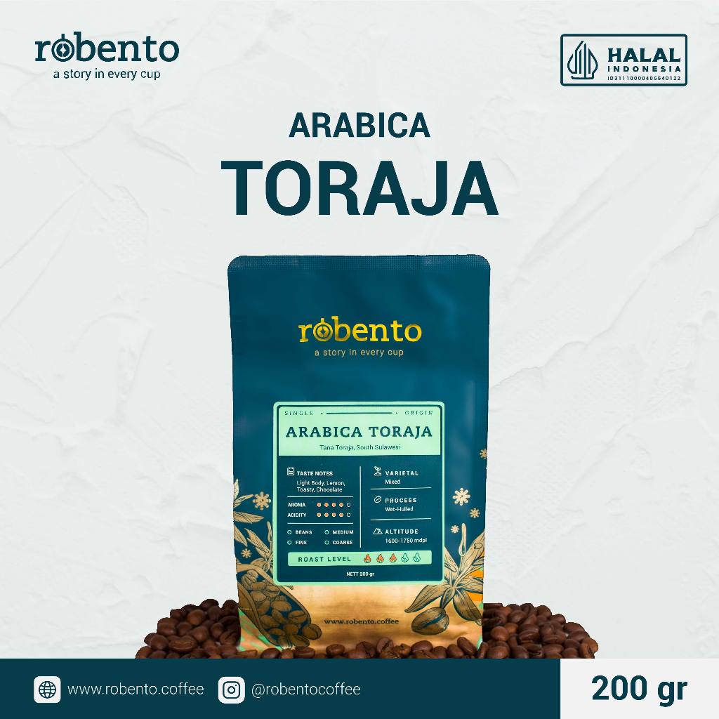 

Robento - Toraja Arabica 100% Grade 1 200gr | Single Origin | Biji Kopi Sangrai Kualitas Ekspor | Roasted Coffee beans