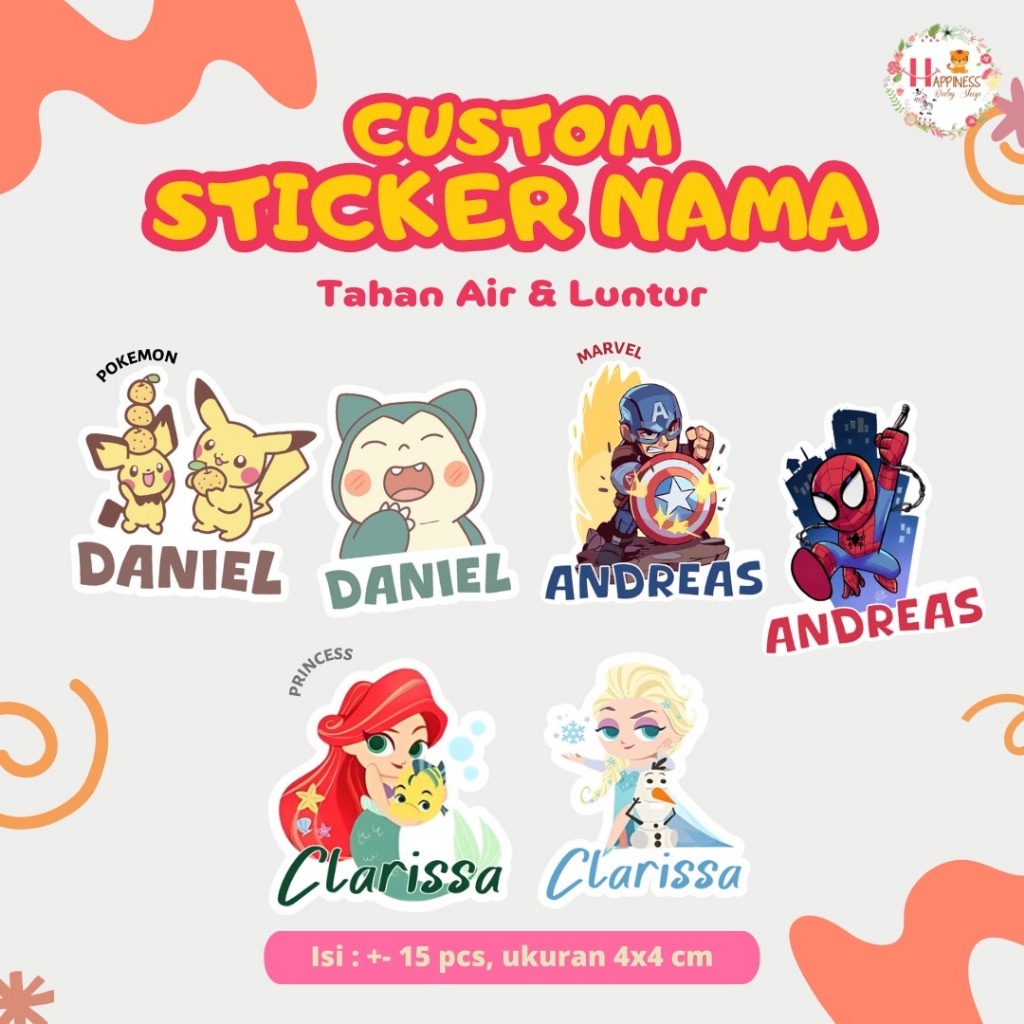 

(ISI 15) Sticker Label Nama Anak / Sticker Custom Nama Karakter / Stiker Set Pack / Stiker Nama Anak Waterproof