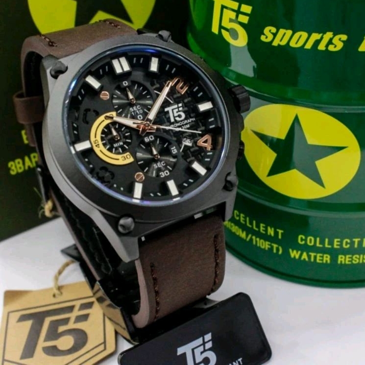 Jam Tangan T5 H3479G Original Cronograph Bergaransi Anti Air Strap Kulit Free Box Dan Paper Bag