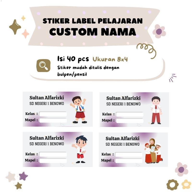 

Stiker label buku pelajaran custom free desain isi 40 pcs | anak sekolah SD