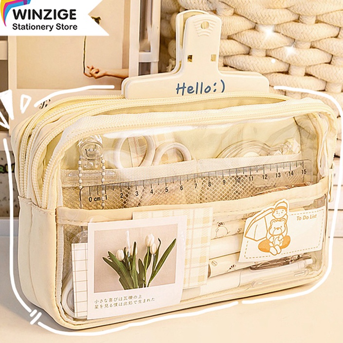 

Super Produsen Winzige kotak pensil transparan aesthetic pencil case large tempat pensil pen pouch lucu stationery organizer