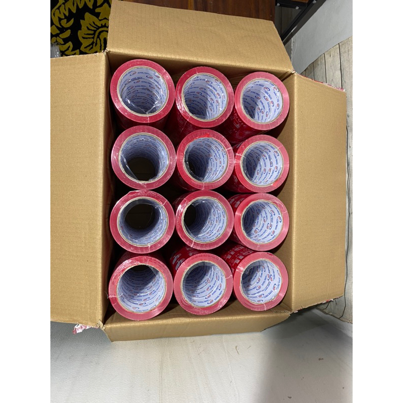 

72 ROLL LAKBAN FRAGILE 1 DUS (KARTON) WARNA MERAH DAN PUTIH LAKBAN JANGAN DIBANTING UKURAN 48 X 100 YARD