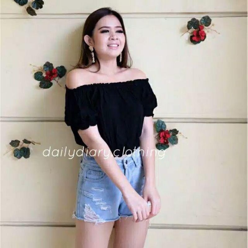 KS01 - DEA BLOUSE WANITA SABRINA KERUT LENGAN PENDEK / BAJU ATASAN CROP TOP SABRINA SEKSI / BLOUSE B