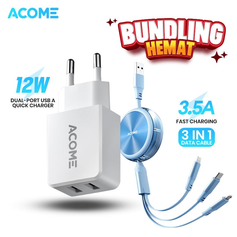 ACOME Special Bundling Charger Single Port USB Fast Charging 2A AC13 + ACOME 3 in 1 Retractable Data
