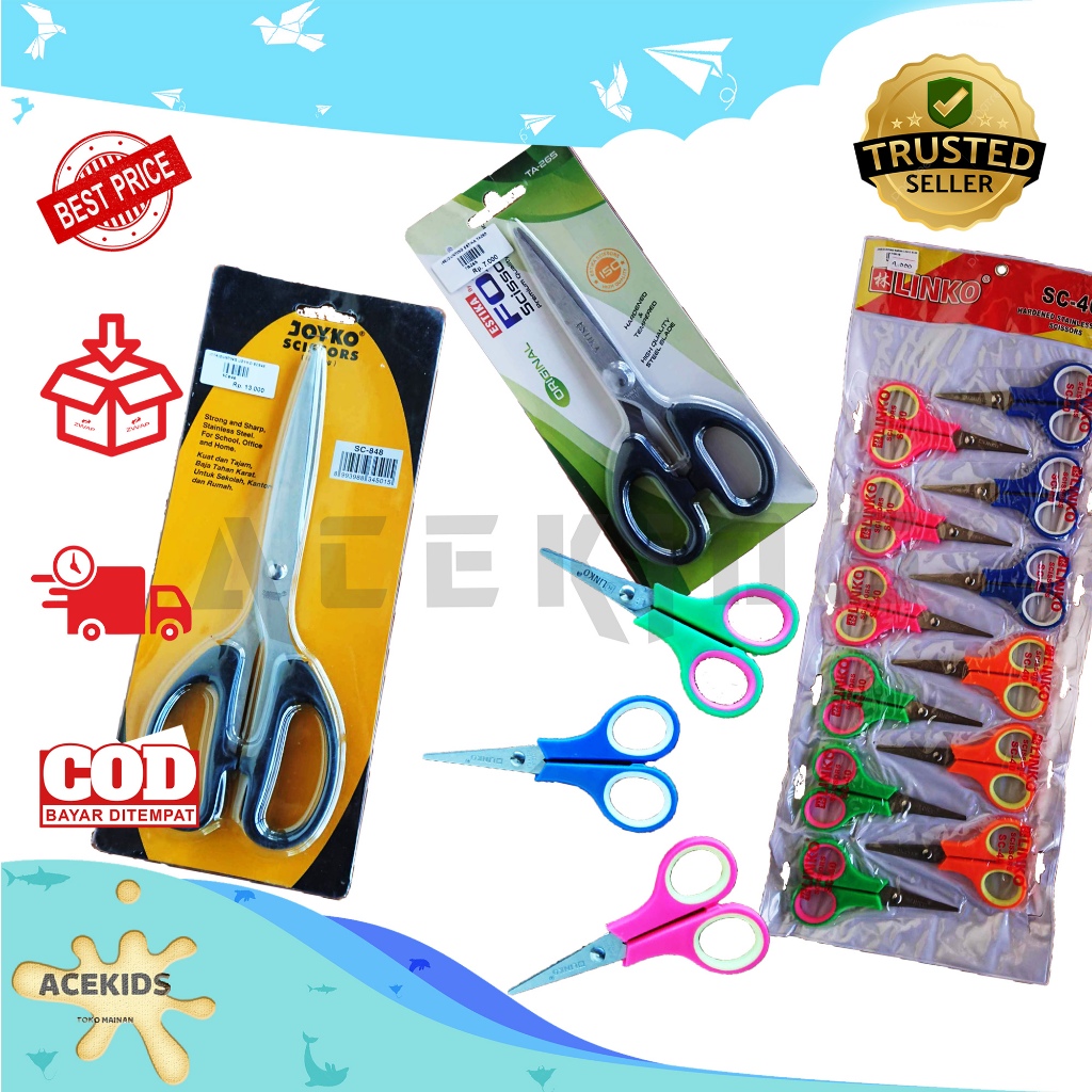 

Gunting Kecil Sedang Besar Tajam Joyko Estika Linko Murah Gunting Kantor Kertas Gunting Gagang Karet SC40 TA265 SC848