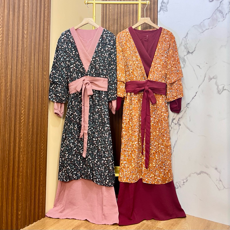 Yasmine Dress Rompi bunga||Gamis Rompi bunga||Gamis set rompi