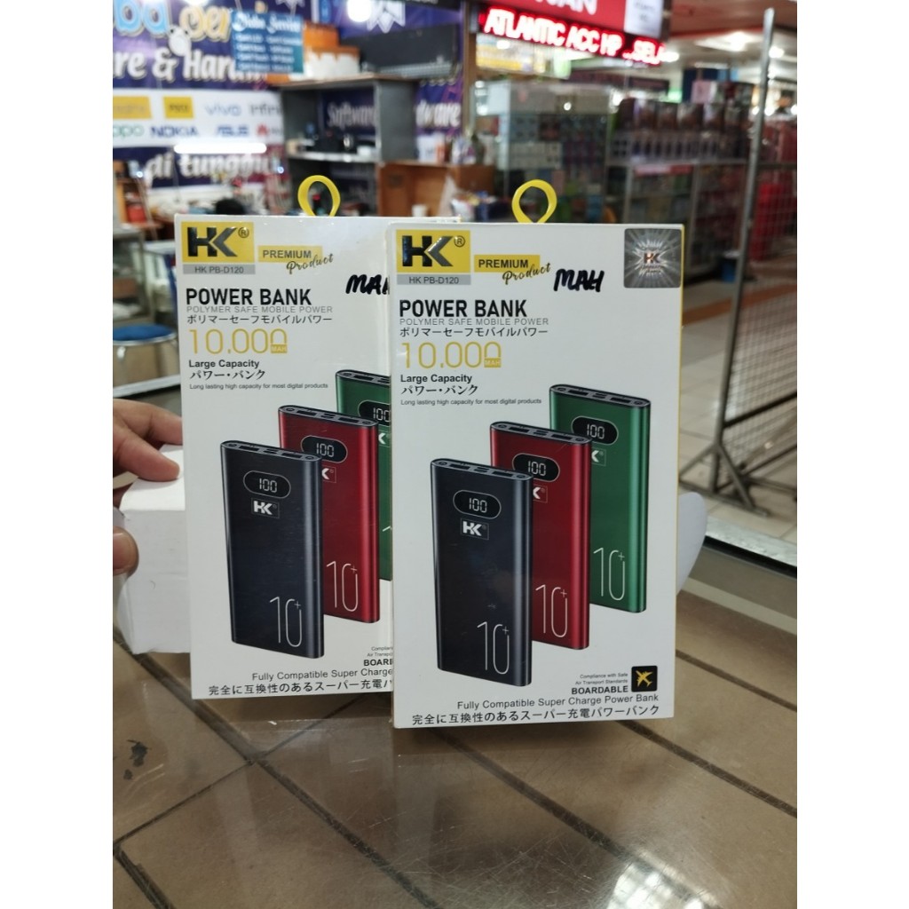 POWERBANK HK D120 2 PORT USB + FLASH LIGHT POWERBANK FASTCHARGING ORIGINAL HK REAL KAPASITAS 10000MA