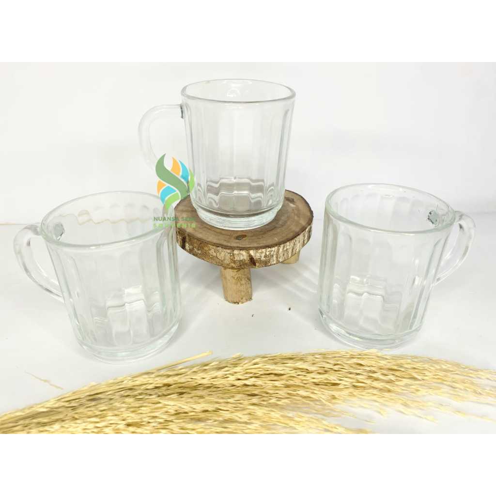 Souvenir Gelas Kopi 250ml Gelas Gagang Kaca Gelas CG Garis Mug Minum Kaca Bening Polos