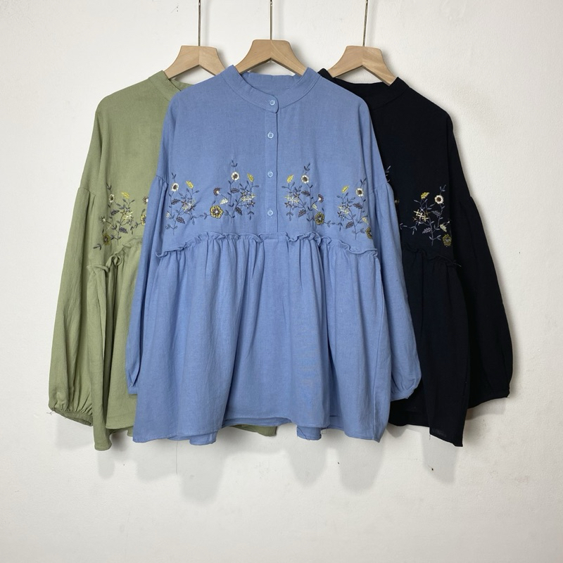 Lula Blouse LD 120 Atasan Bordir Rempel Lengan Balon