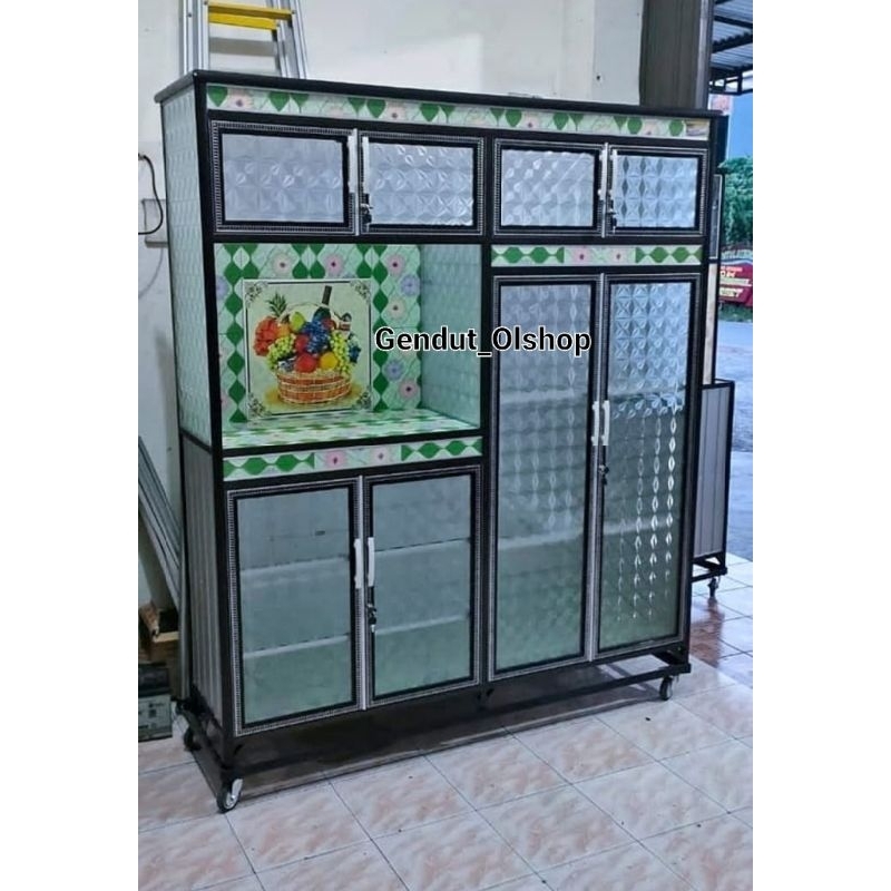(Khusus Wilayah Kota Palembang) Lemari Rak Piring Jumbo 4pintu Kaca Aluminium Tanpa Roda, Lemari Dap