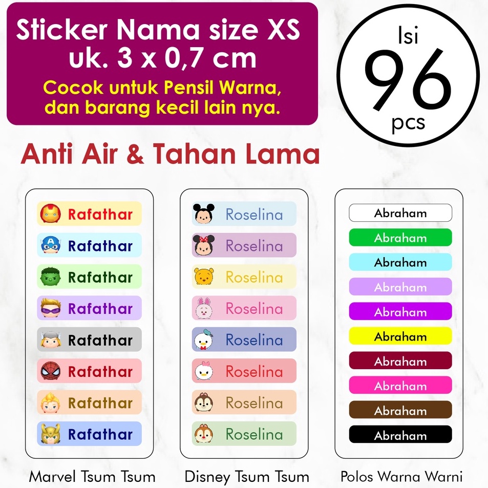 

New Trending Stiker Label Nama Custom Ukuran Xs isi 96 pcs Label Nama Anak Waterproof Tahan Air Stiker Pensil Warna Label Pensil Label Botol Minum sticker tempat makan stiker mainan Warna Warni Disney Tsum Tsum karakter