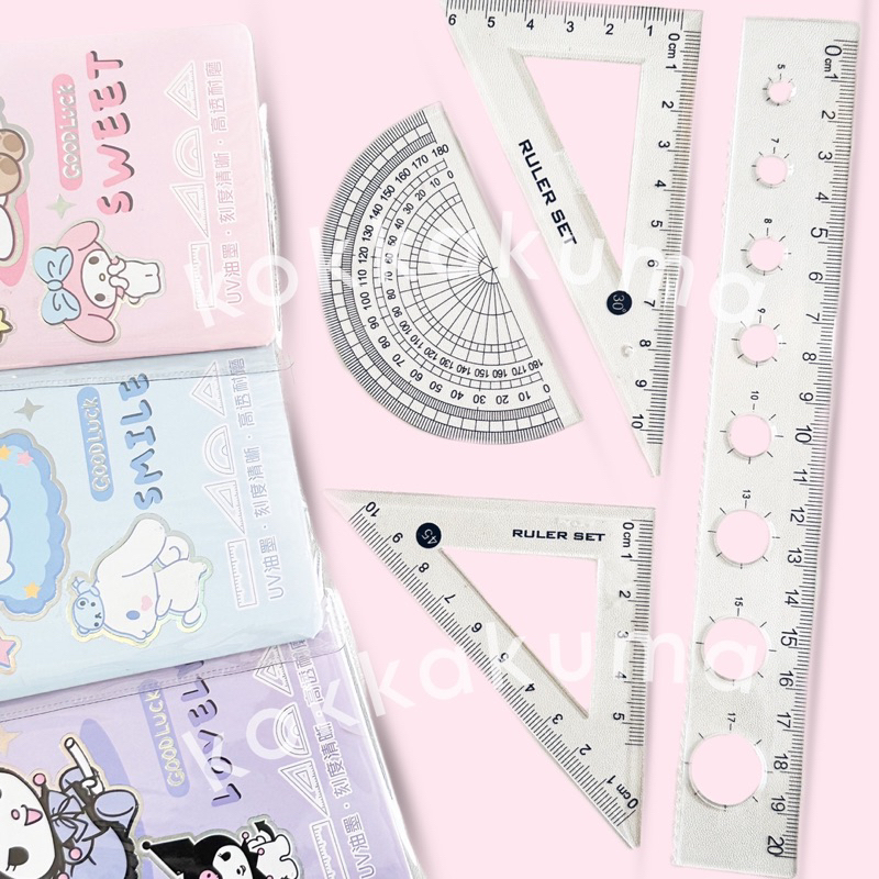

( KKM ) RULER Penggaris 1 Set isi 4 Pcs Paket Penggaris Set Karakter Kartun Bujur Segitiga Bahan Plastik Bening COD