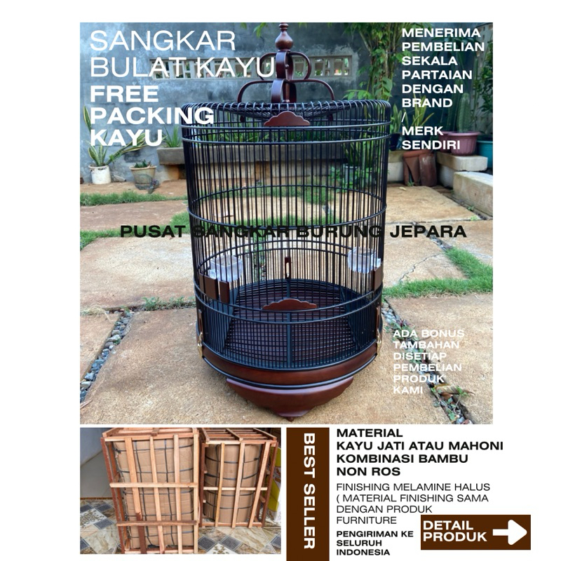 sangkar kayu halusan Jepara produk dari pusat sangkar burung Jepara material kayu kombinasi bambu no
