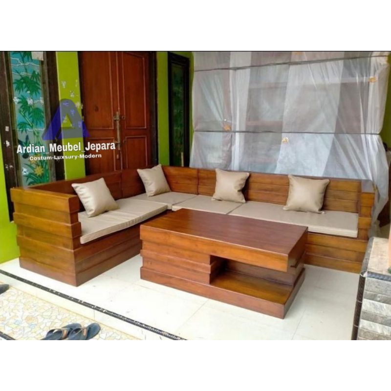 kursi tamu minimalis sudut kayu jati