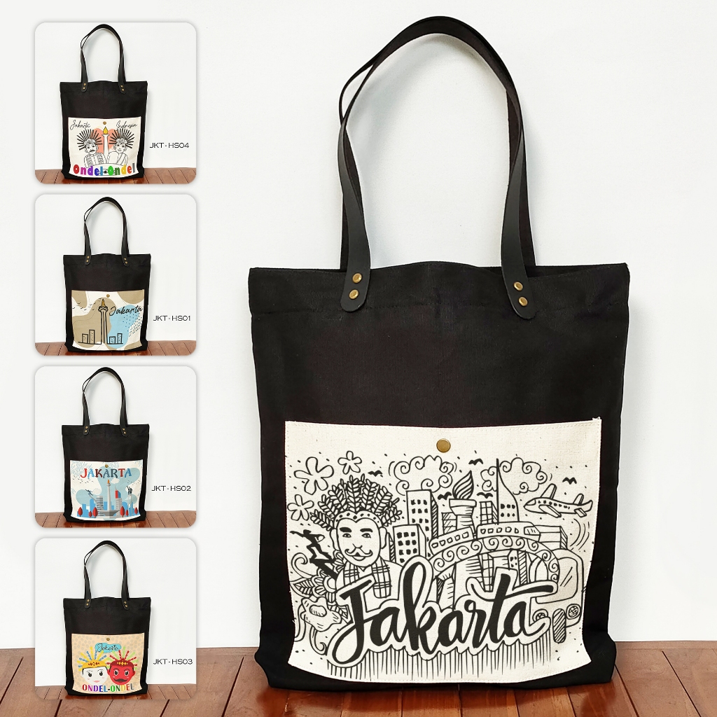 Totebag Canvas Hitam Saku oleh oleh Jakarta Tas Souvenir Jakarta