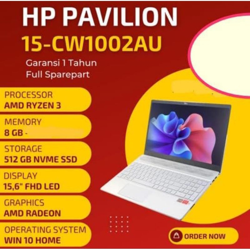 HP PAVILION 15 CW1002AU RYZEN 3 3300U 16GB 512SSD W10