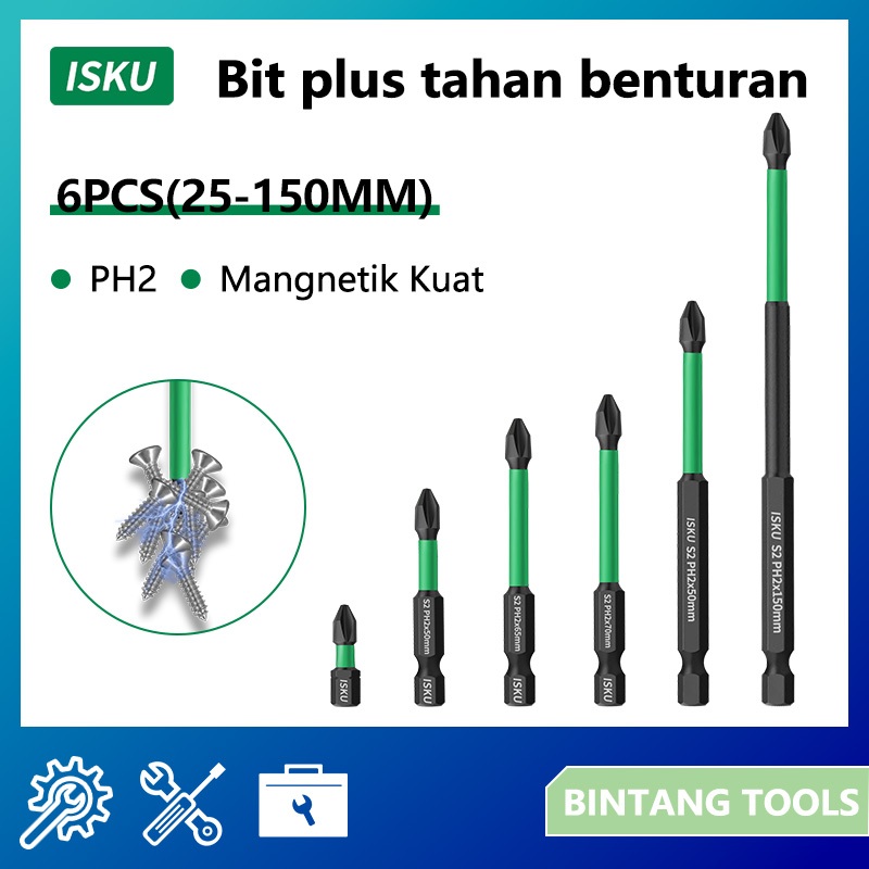 ISKU Mata Bor Obeng Set 6 Pcs Screwdriver Bit Set Impact Bit Holder Mata Obeng Plus Minus