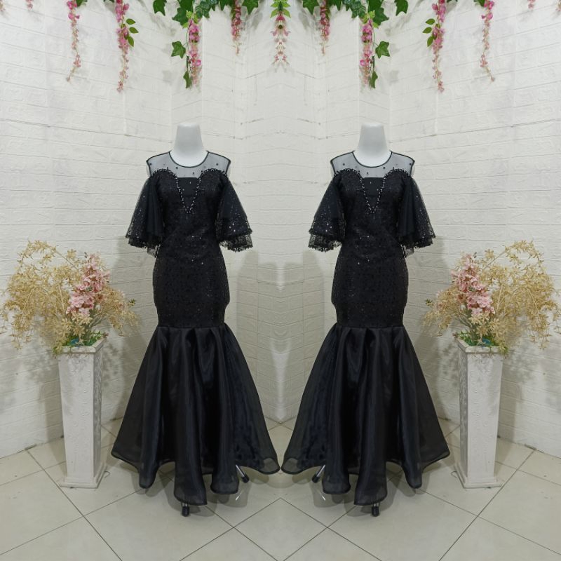 REVALINA-0037 || Gaun Duyung Squin Payet mutiara mewah kombinasi organdi // Gaun pesta mewah Dress W