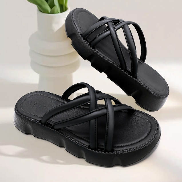 FENTINA Sandal Wanita Elegan Sendal Slop Tali Silang Slip On Sandal Olahraga Kasual Tebal Wanita
