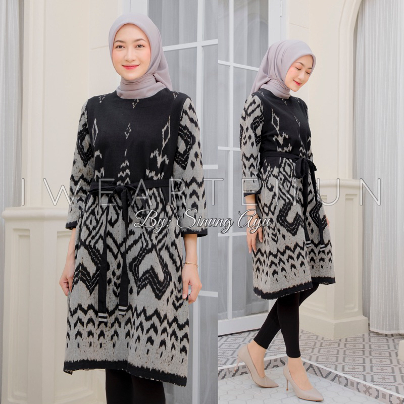 TERBARU! Dress Tenun Ikat Motif Toraja Hitam Silver | Elegan Premium untuk Kondangan