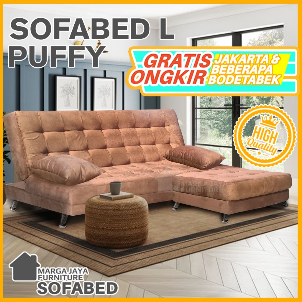 Sofa Bed L Puffy Brown Coklat Reclining + Puff Premium Recline Minimalis Modern Tempat Tidur Kasur L