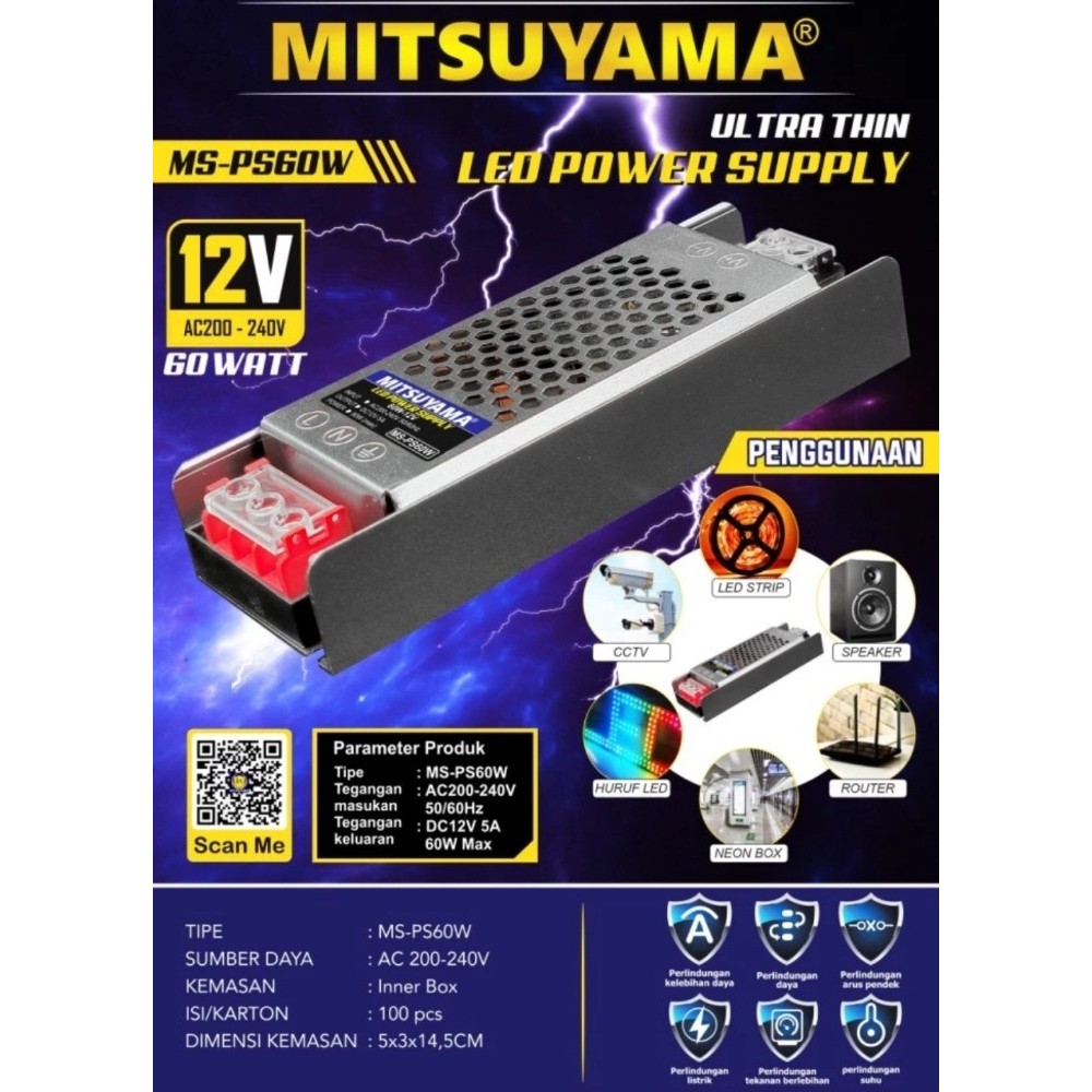 Power Supply Ultra Thin Mitsuyama 12V AC200-240V 60Watt 100Watt 200Watt 300Watt 400Watt