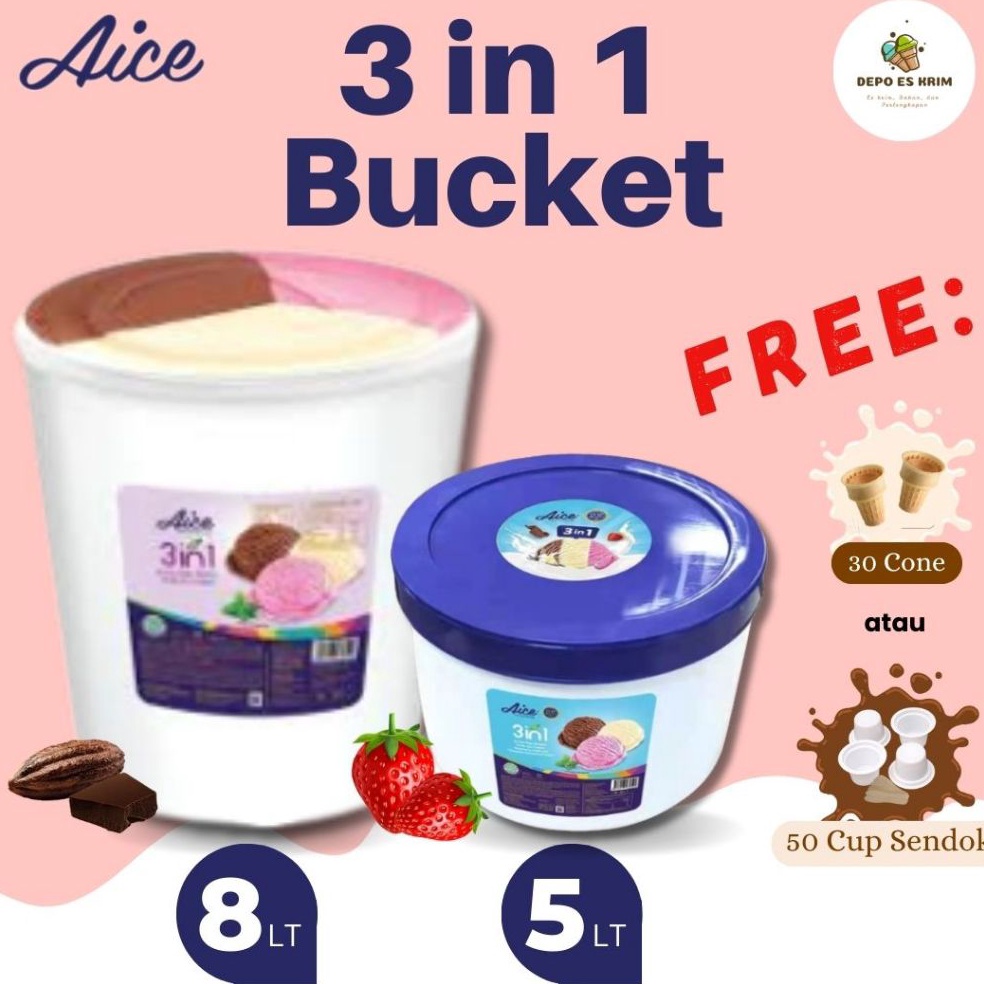 

Pro Seller Es Krim AICE Bucket 8 liter 5 liter 3 in 1 Neapolitan Vanilla Coklat Gratis Cone Cup Ready Stock