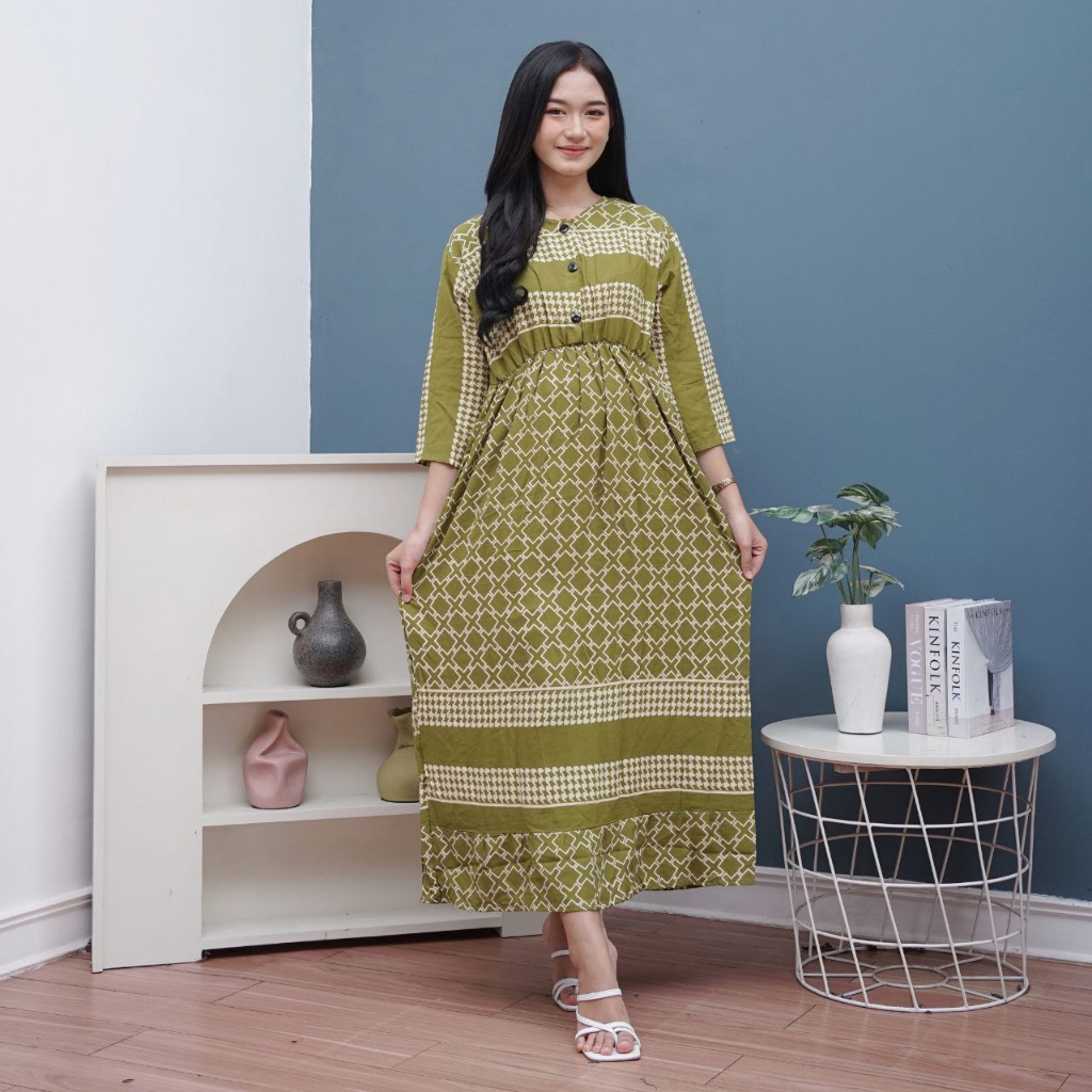 Daster Midi Dress Lengan Panjang 130 Cm Kekinian Kerut Dada Karet Busui Rayon Tebal Premium