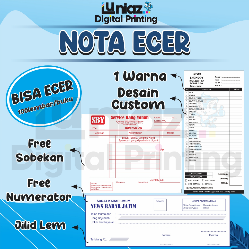 

CETAK NOTA ECER MURAH BUKU 1 WARNA 1 PLY 2 PLY | TANPA MINIMAL ORDER