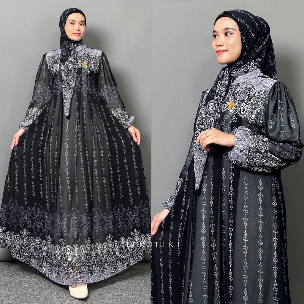 DRESS CERUTY MOTIF SET HIJAB segiempat bahan Ceruty Motif printing Full Furing Lengan Balon