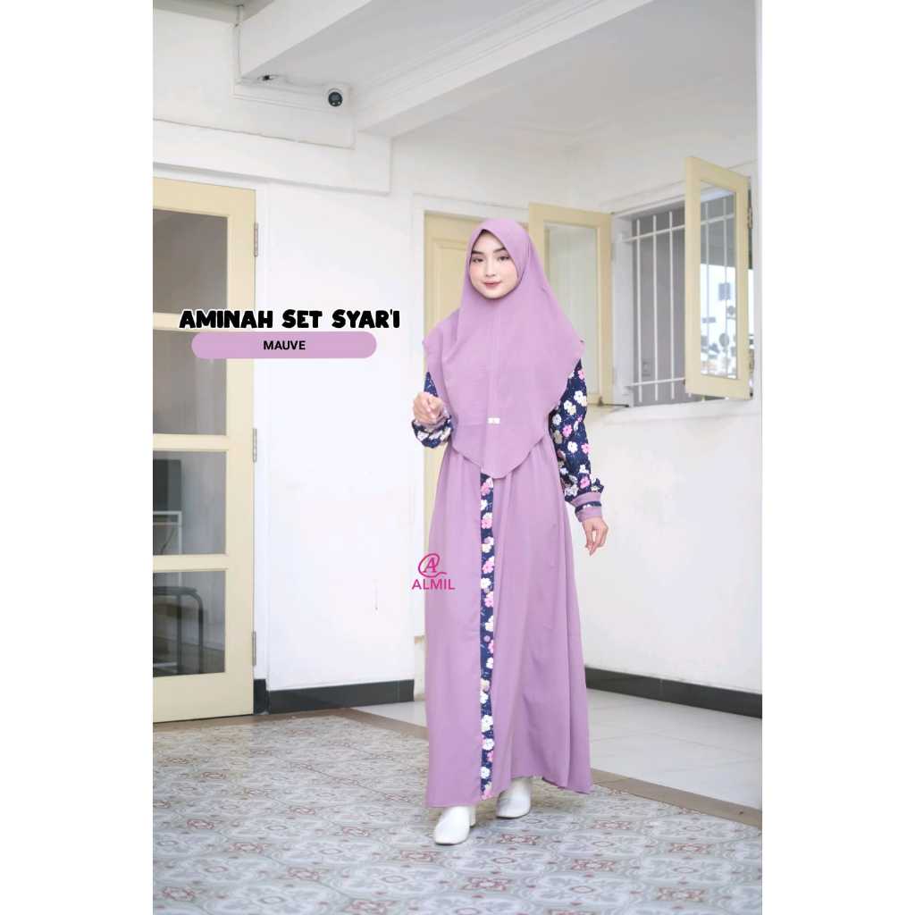 Aminah Set Syar'i Original Almil Gamis Syar'i Terbaru Dengan Bahan Ity Crepe Mix Shakila Motif Halus