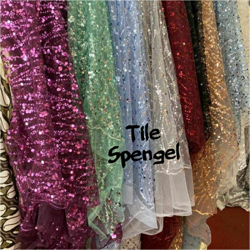 Kain Tile/Tulle Spengel sequeen, tile payet, tile sequin, tile mutiara, kain tile brokat, tile polos