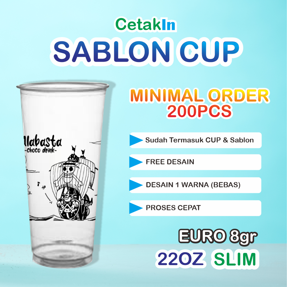 Sablon Cup Gelas Plastik 22oz Slim Euro Custom Murah Free Desain