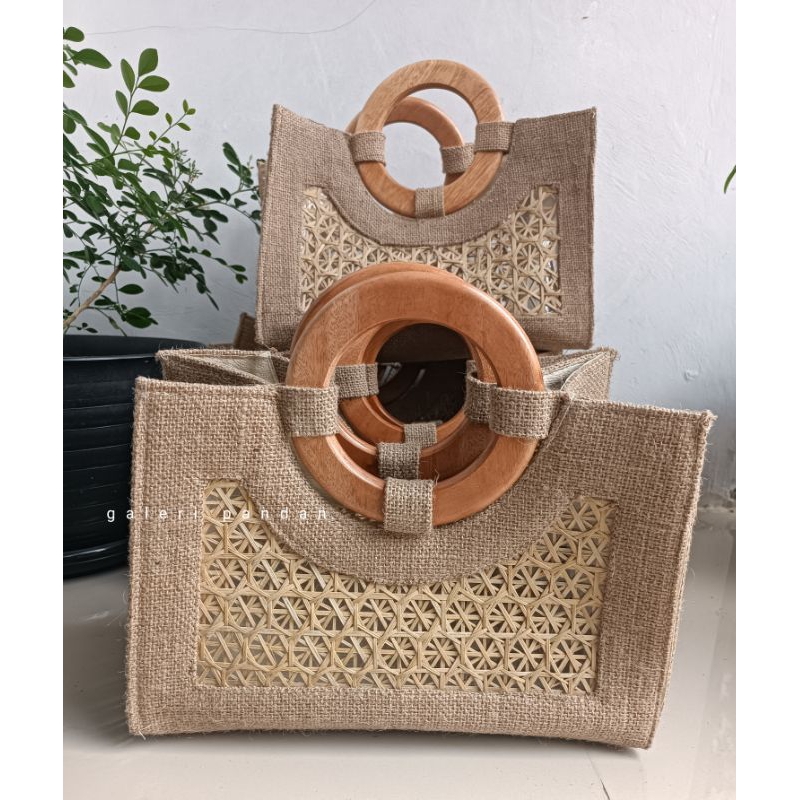 Tas Goni mix Anyaman bambu / Tas Handle kayu bulat Aesthetic / Tas Hadiah Anyaman