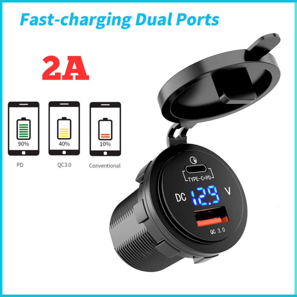 Charger Mobil 2.1A Max Ganda USB LCD Type C Tegangan Meter Tampilan 12-24V Cepat Pengisian Power Ada