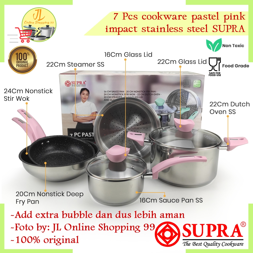 Panci set 7pcs cookware set stainless impact pastel Pink SUPRA / panci set stainless induksi
