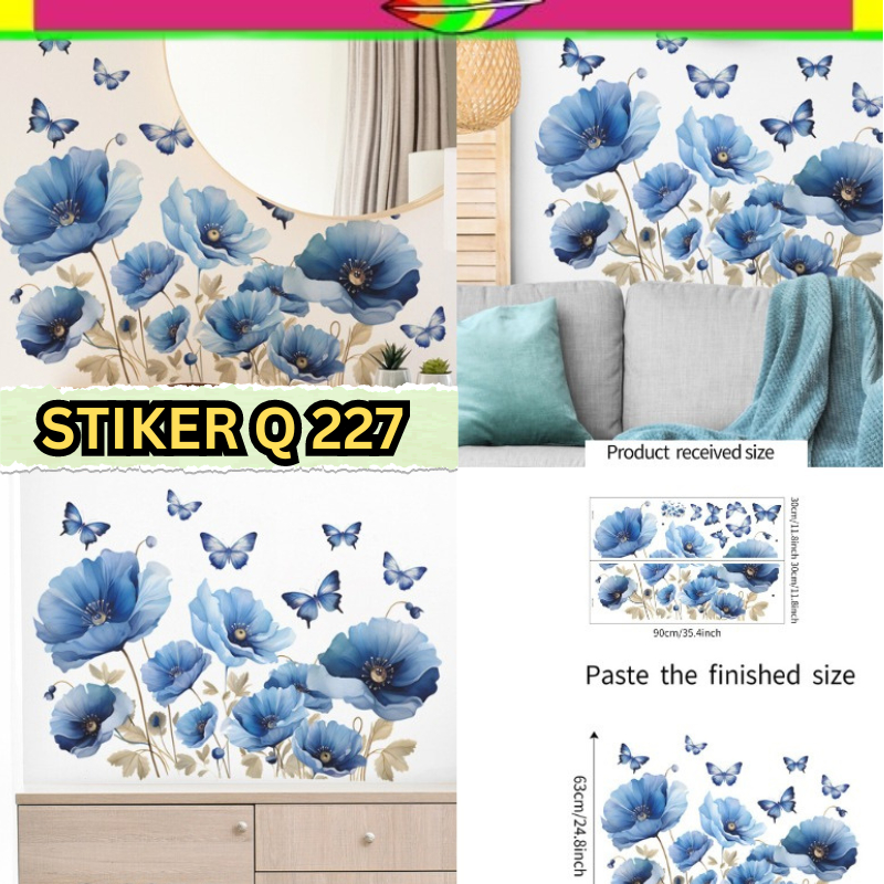 Wallsticker Wall Stiker Setiker Sticker Dinding Tembok Motif Pagar List Lis Border Bunga Biru Q 227 