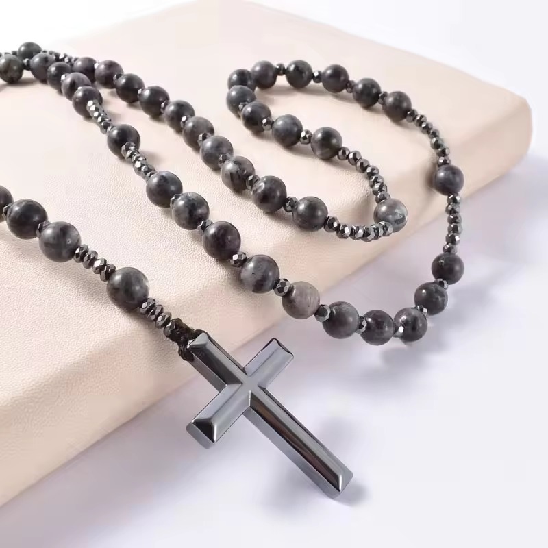 ALPHA OMEGA - Kalung Rosario Batu Alam Hematite - Rosario Batu Asli - Rosario Bapa Kami