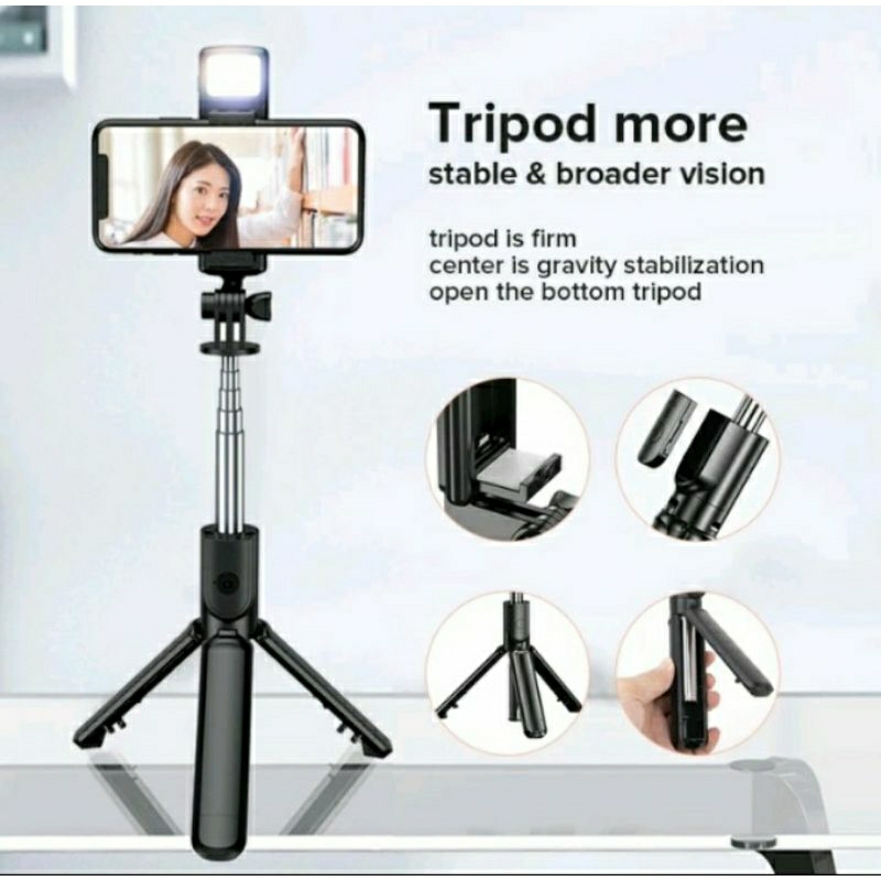 Tripod Tongsis bluetooth Led R1S panjang 10m 3 in 1 tongsis tripod