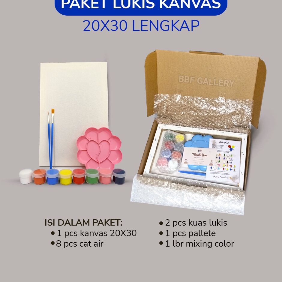 

ART N13F Kanvas lukis putih 2x3 cm lengkap dengan 8 cat air akrilik palet dan 2 pcs kuas flat round Set melukis lengkap paket lengkap melukis mewarnai canvas