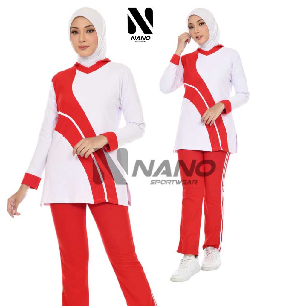 NEW Nano Sport Baju Senam Wanita / Setelan Olahraga Merah Putih