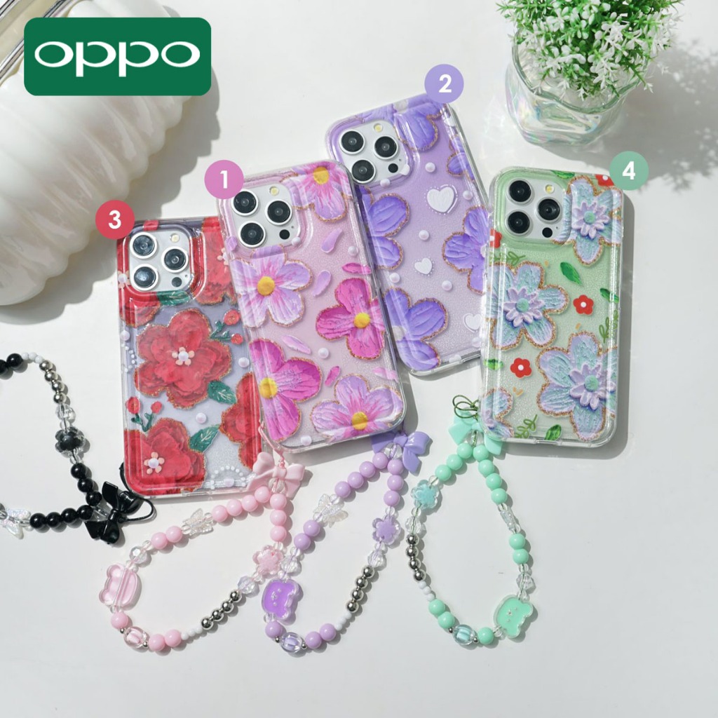 Case Transparan Bening + Strap Phone Casing Gantungan HP Motif Bunga Terbaru Oppo A17 A17K A16 A15 A