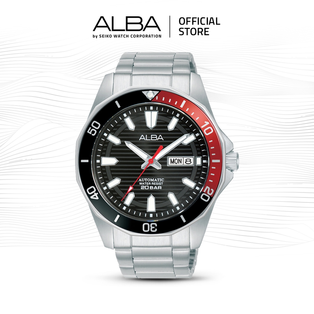 Alba Mechanical Jam Tangan Pria AL4457 / AL4457X1 Automatic Black Red Dial Stainless Steel Strap Wat