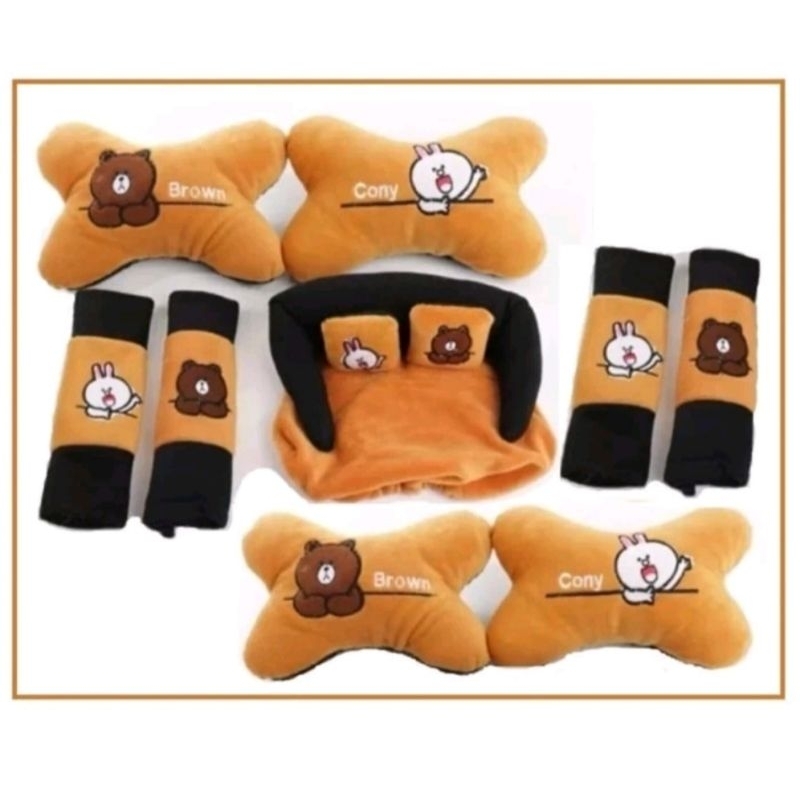BANTAL MOBIL SET KARAKTER 9 PCS BERUANG COKLAT CAR SET HEADREST LUCU HEMAT